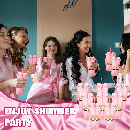 6 Pcs Pink Sleepover Party Supplies for Girls Slumber Sleepover Squad Cups with Lid Straw and Twist Bow 24 oz Slumber Plastic Tumblers for Spa Pajama Birthday Party Favors Supplies
