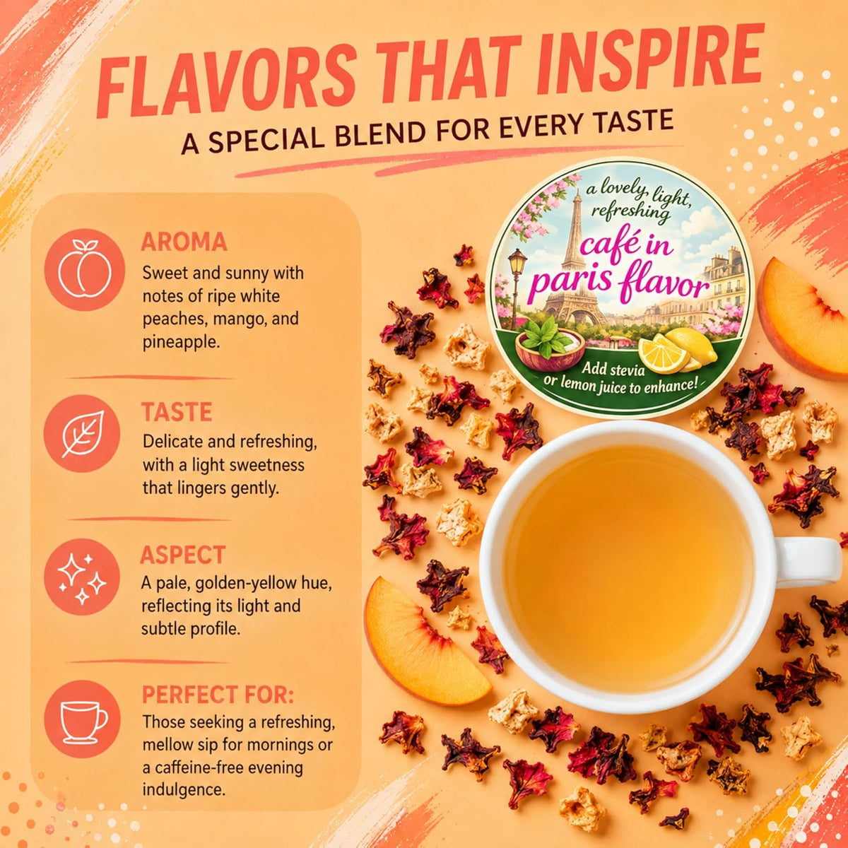 Katy’s Peach Bellini Loose Tea - Apple, Peach & Mango - Light Herbal Fruit Tea, Caffeine-Free, Sugar-Free - Hot or Iced Tea - 30+ Cups