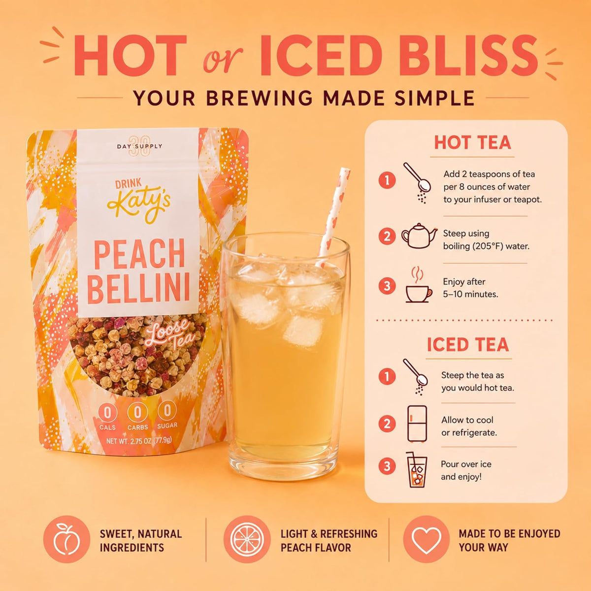 Katy’s Peach Bellini Loose Tea - Apple, Peach & Mango - Light Herbal Fruit Tea, Caffeine-Free, Sugar-Free - Hot or Iced Tea - 30+ Cups