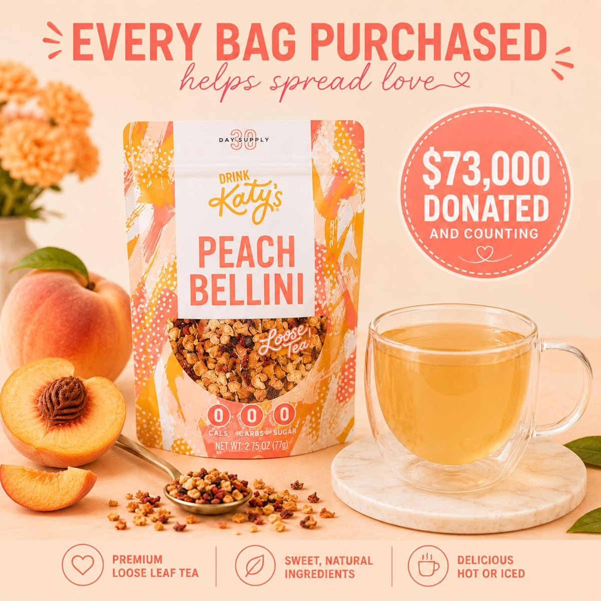 Katy’s Peach Bellini Loose Tea - Apple, Peach & Mango - Light Herbal Fruit Tea, Caffeine-Free, Sugar-Free - Hot or Iced Tea - 30+ Cups