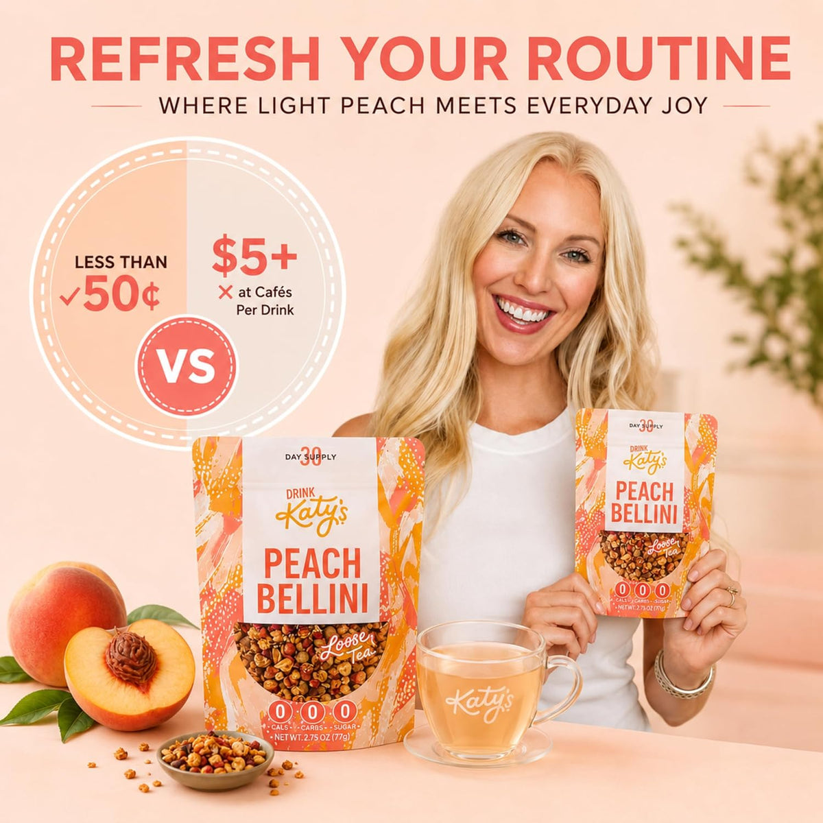 Katy’s Peach Bellini Loose Tea - Apple, Peach & Mango - Light Herbal Fruit Tea, Caffeine-Free, Sugar-Free - Hot or Iced Tea - 30+ Cups
