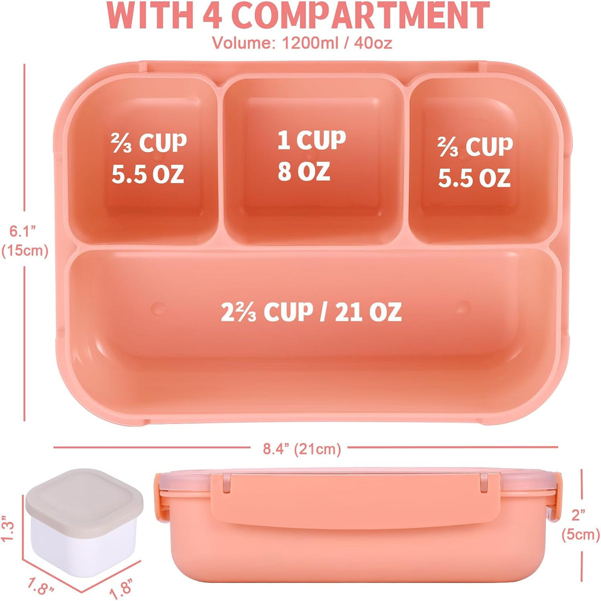 Bento Box Adult Lunch Box, Lunch Containers for Kids Girls Boys with 4 Compartments, Lunchable Food Container with Utensils, Sauce Jar, Muffin Liners, 40 Oz/5 Cup, Microwave & Dishwasher Safe, Pink