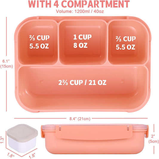 Bento Box Adult Lunch Box, Lunch Containers for Kids Girls Boys with 4 Compartments, Lunchable Food Container with Utensils, Sauce Jar, Muffin Liners, 40 Oz/5 Cup, Microwave & Dishwasher Safe, Pink