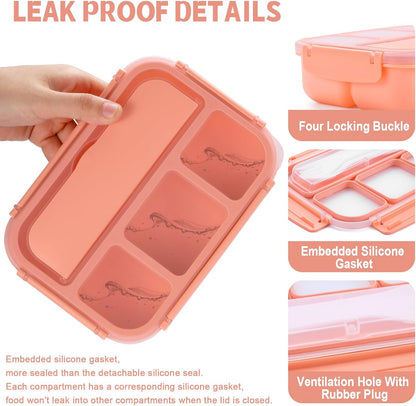 Bento Box Adult Lunch Box, Lunch Containers for Kids Girls Boys with 4 Compartments, Lunchable Food Container with Utensils, Sauce Jar, Muffin Liners, 40 Oz/5 Cup, Microwave & Dishwasher Safe, Pink