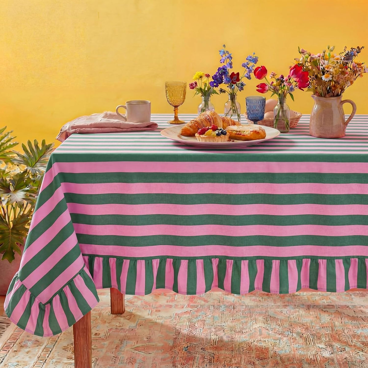 Striped Tablecloth, Rectangle, Pink, Grass Green, 84'' X 60''