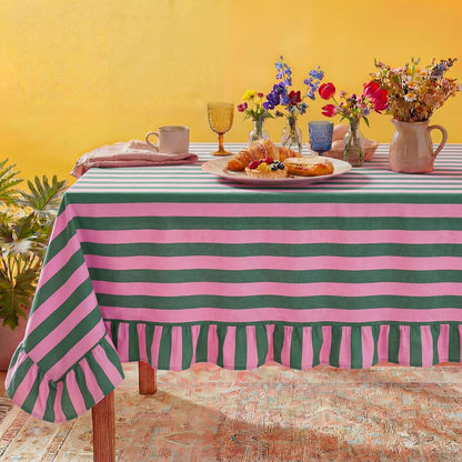 Striped Tablecloth, Rectangle, Pink, Grass Green, 84'' X 60''