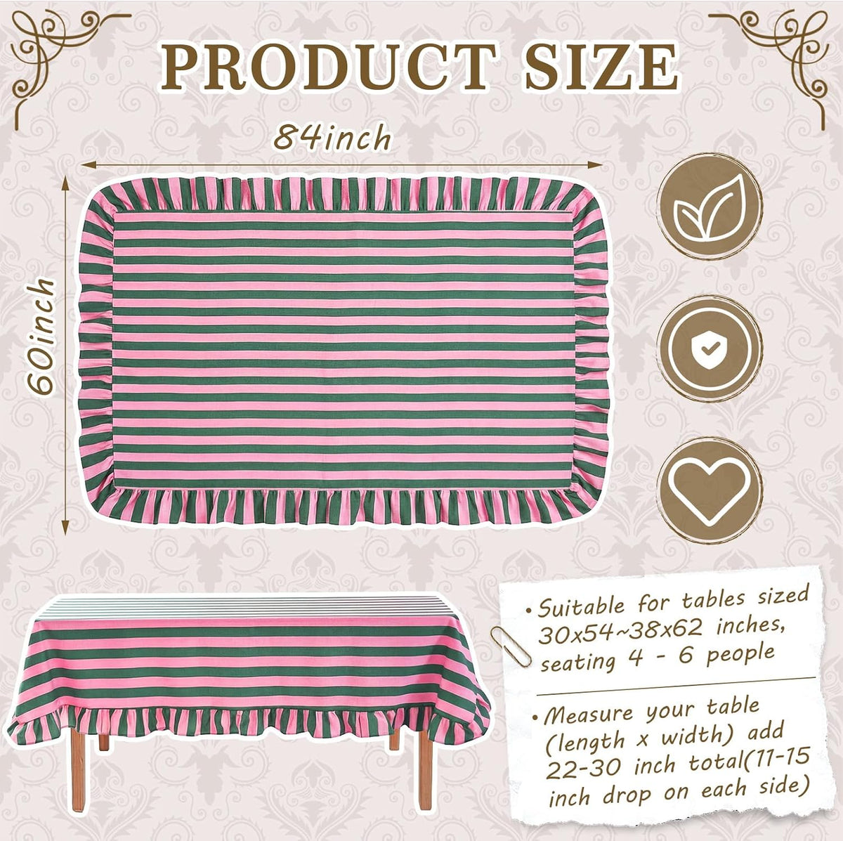 Striped Tablecloth, Rectangle, Pink, Grass Green, 84'' X 60''