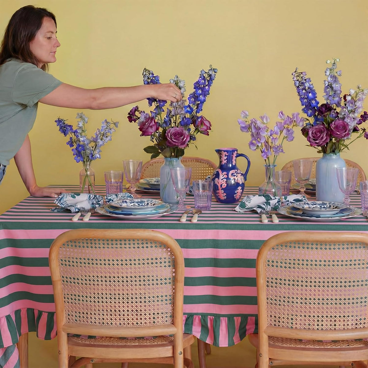 Striped Tablecloth, Rectangle, Pink, Grass Green, 84'' X 60''