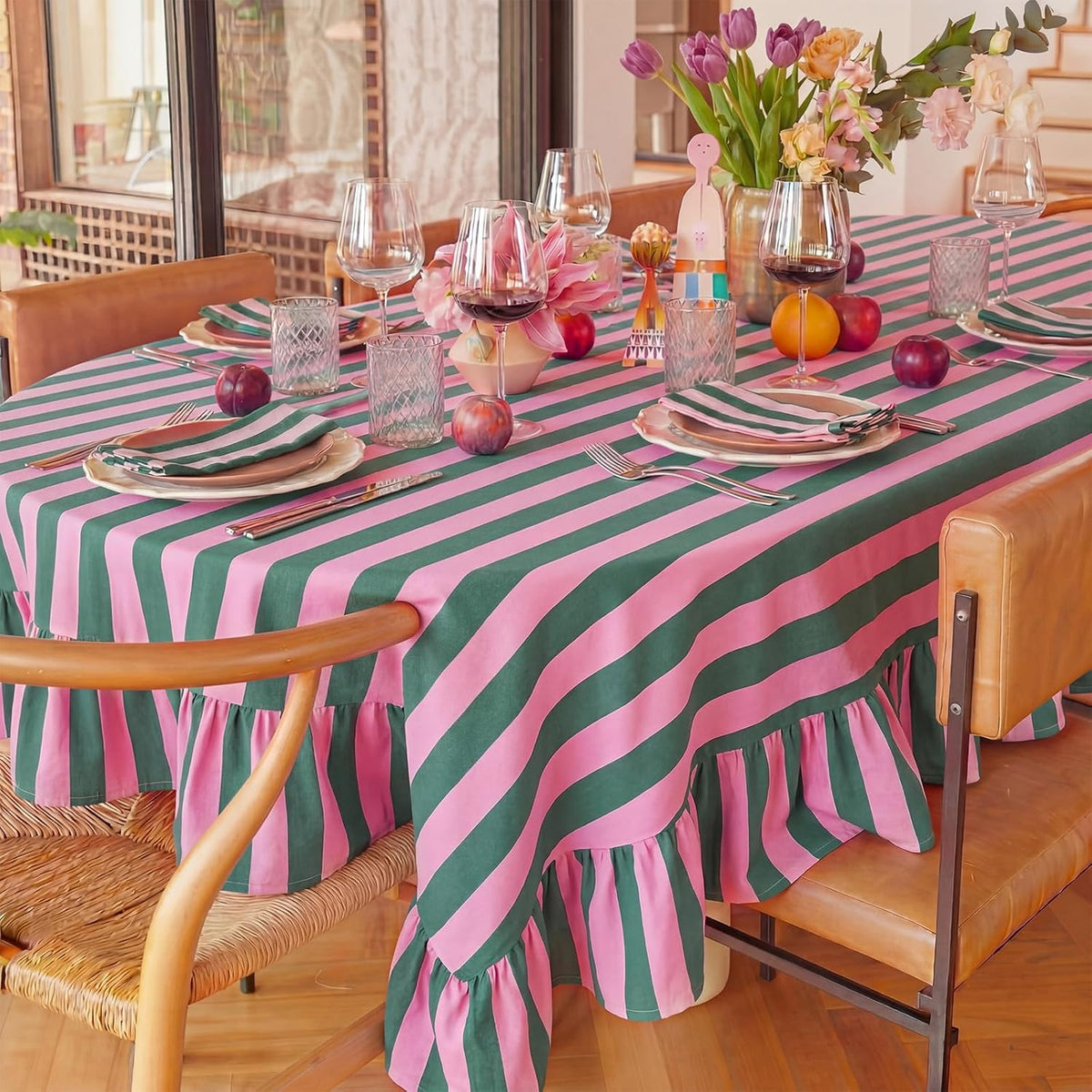 Striped Tablecloth, Rectangle, Pink, Grass Green, 84'' X 60''