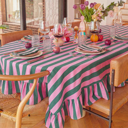 Striped Tablecloth, Rectangle, Pink, Grass Green, 84'' X 60''