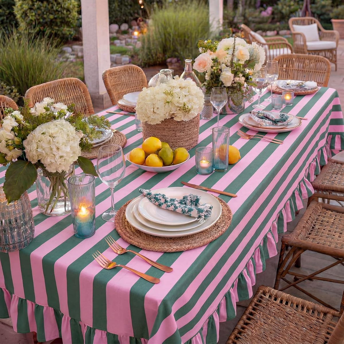 Striped Tablecloth, Rectangle, Pink, Grass Green, 84'' X 60''