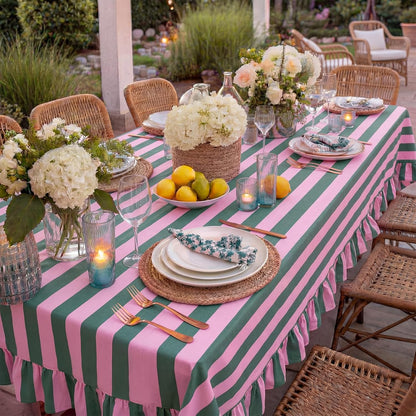 Striped Tablecloth, Rectangle, Pink, Grass Green, 84'' X 60''