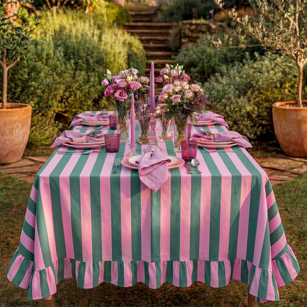 Striped Tablecloth, Rectangle, Pink, Grass Green, 84'' X 60''