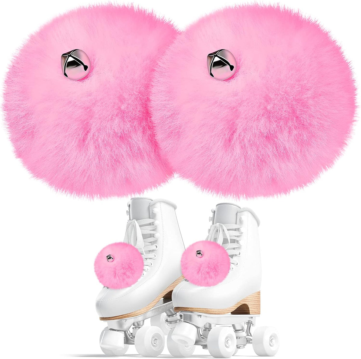 2 Pieces Roller Skate Pom Poms with Bells for Women Girls Princess Fluffy Tie on Fuzzy Pompom Puff Balls for Quad Roller Skate Accessories(8 cm,Pink)
