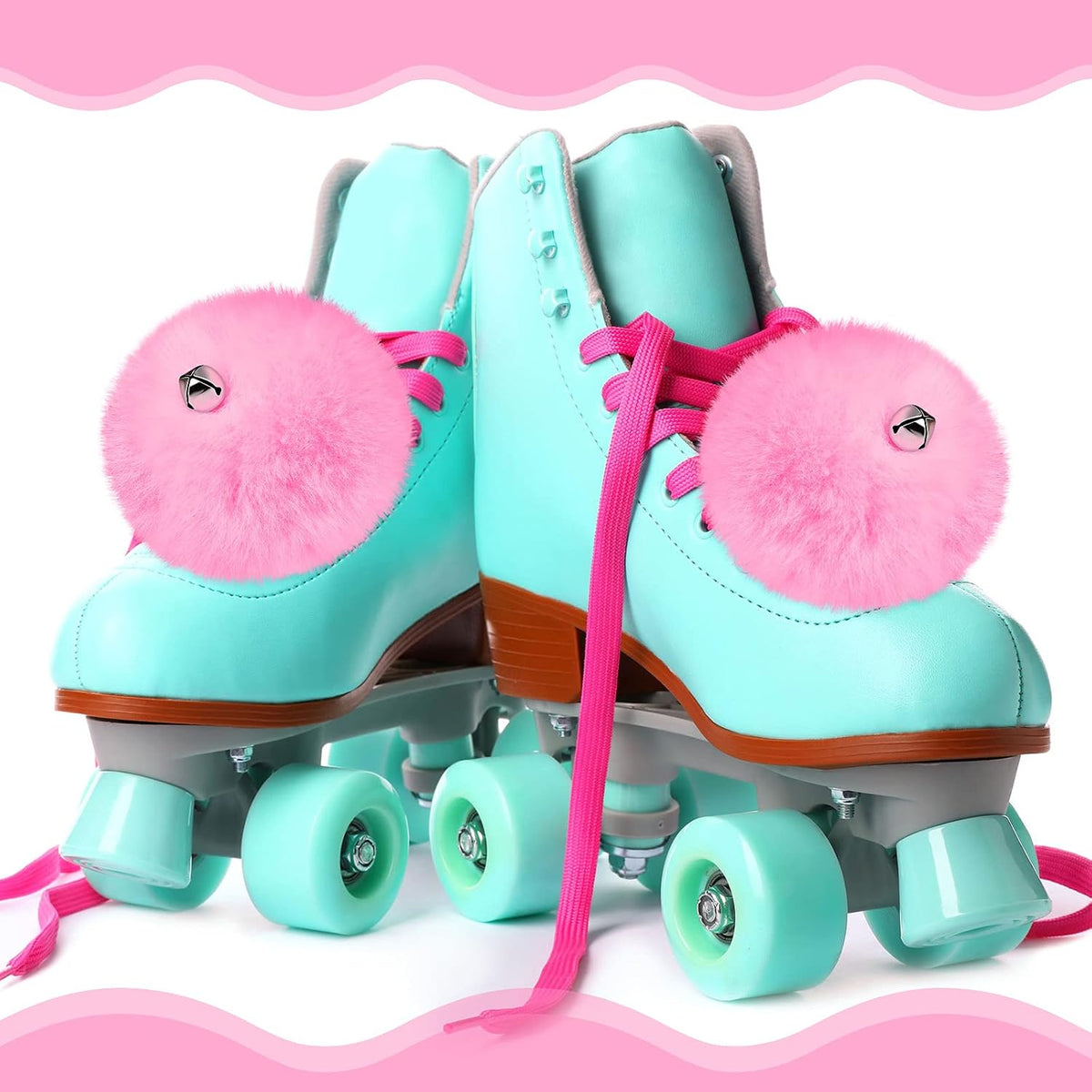 2 Pieces Roller Skate Pom Poms with Bells for Women Girls Princess Fluffy Tie on Fuzzy Pompom Puff Balls for Quad Roller Skate Accessories(8 cm,Pink)