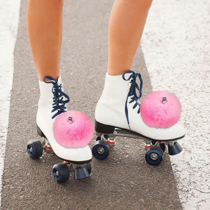 2 Pieces Roller Skate Pom Poms with Bells for Women Girls Princess Fluffy Tie on Fuzzy Pompom Puff Balls for Quad Roller Skate Accessories(8 cm,Pink)