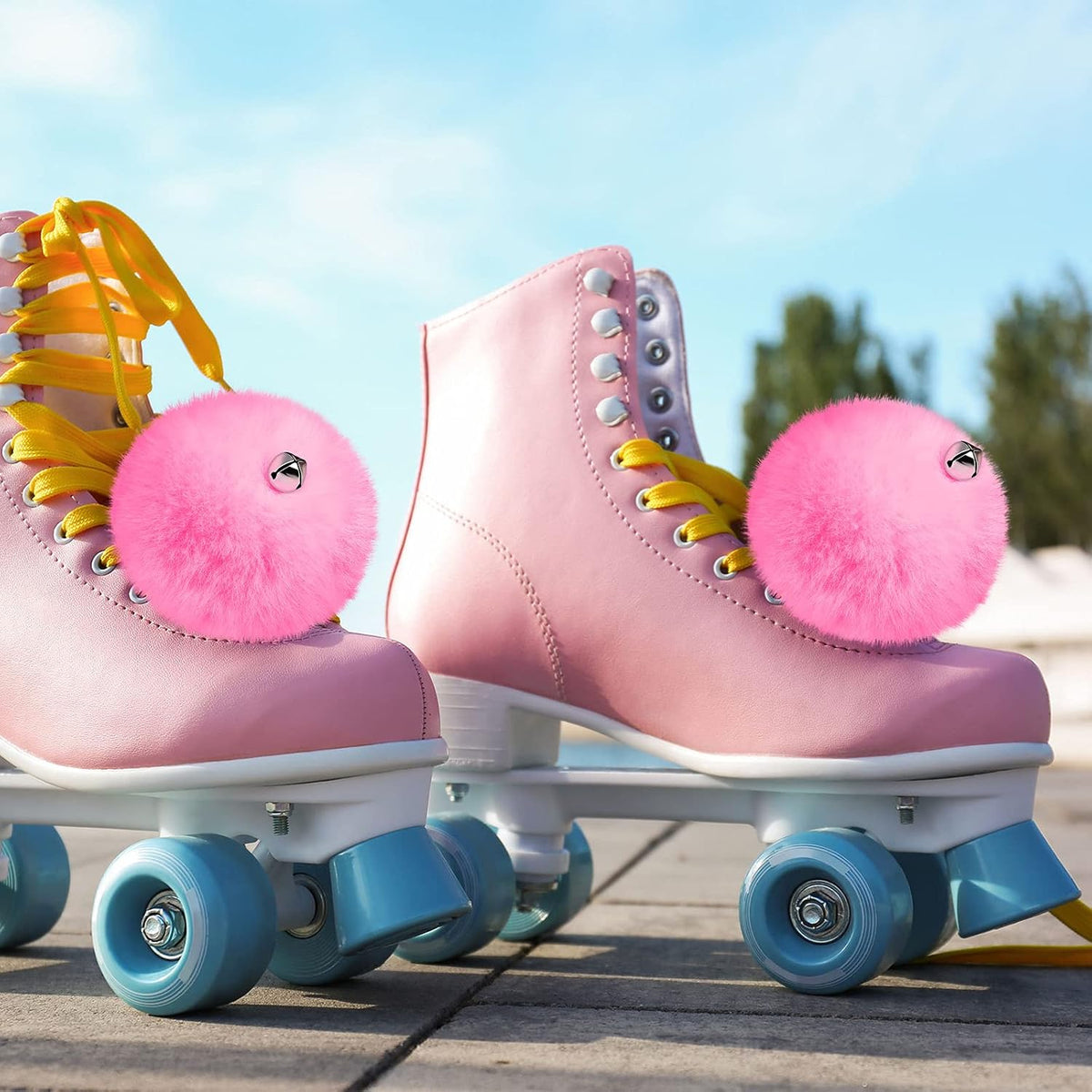2 Pieces Roller Skate Pom Poms with Bells for Women Girls Princess Fluffy Tie on Fuzzy Pompom Puff Balls for Quad Roller Skate Accessories(8 cm,Pink)