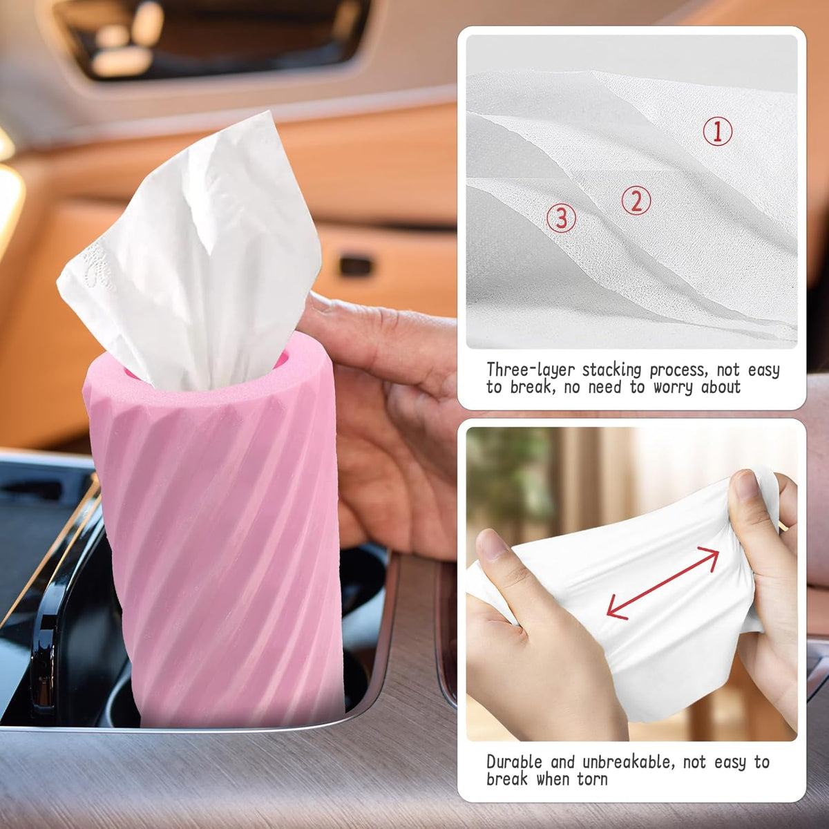 Car Tissue Holder, Refillable Round Cylinder with 3 Tissue Packs, Universal Fit for Vehicle Cup Holder, Home & Office, Car Accessories Interior (Pink)