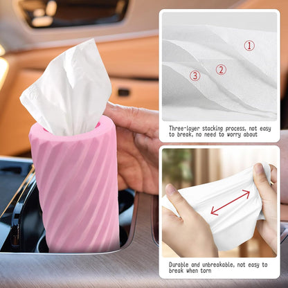 Car Tissue Holder, Refillable Round Cylinder with 3 Tissue Packs, Universal Fit for Vehicle Cup Holder, Home & Office, Car Accessories Interior (Pink)