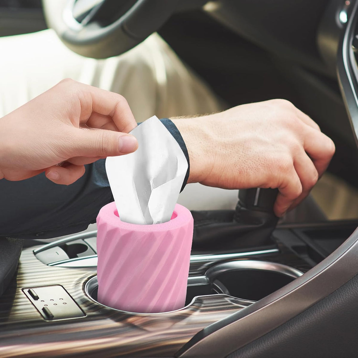 Car Tissue Holder, Refillable Round Cylinder with 3 Tissue Packs, Universal Fit for Vehicle Cup Holder, Home & Office, Car Accessories Interior (Pink)