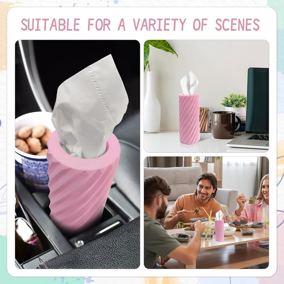 Car Tissue Holder, Refillable Round Cylinder with 3 Tissue Packs, Universal Fit for Vehicle Cup Holder, Home & Office, Car Accessories Interior (Pink)
