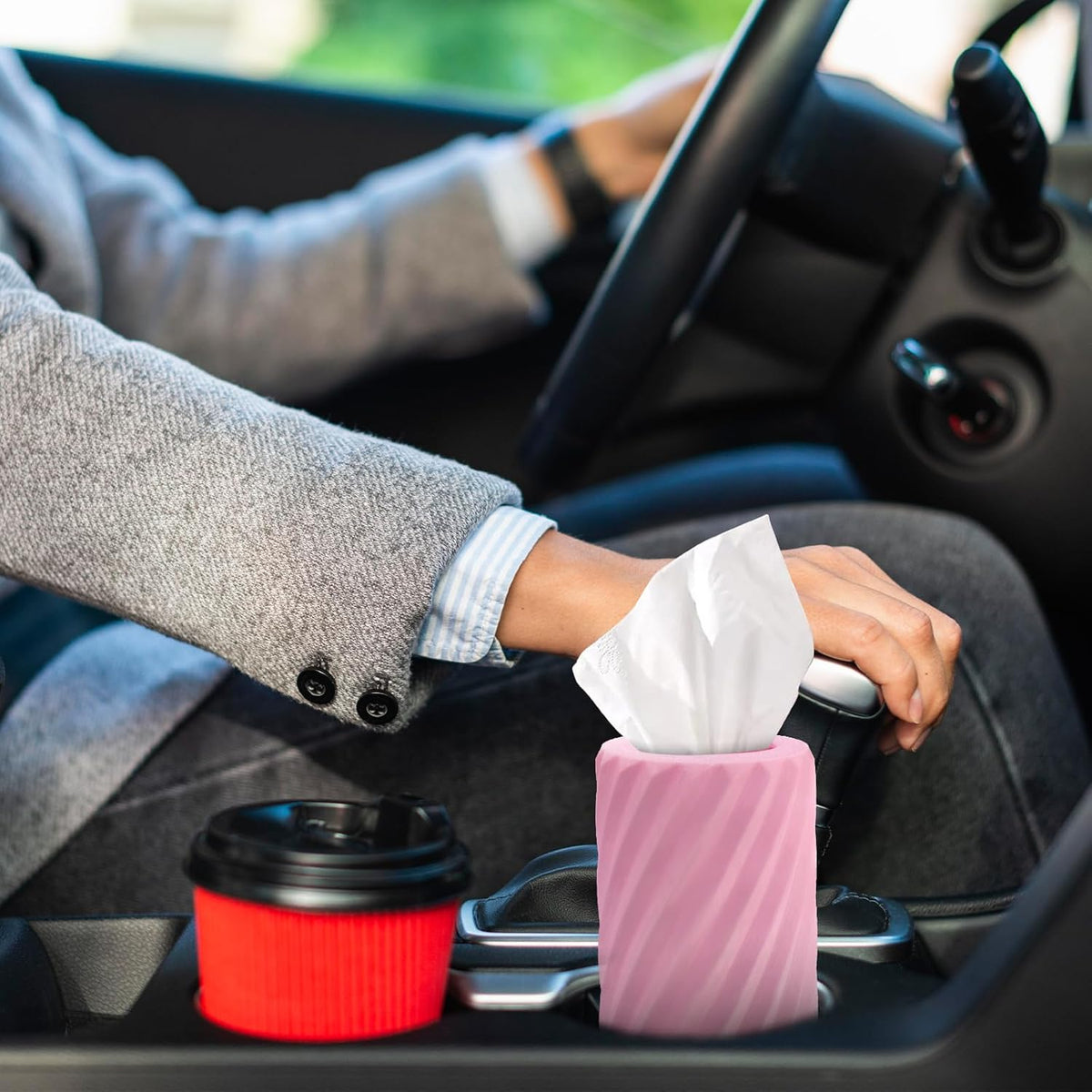 Car Tissue Holder, Refillable Round Cylinder with 3 Tissue Packs, Universal Fit for Vehicle Cup Holder, Home & Office, Car Accessories Interior (Pink)