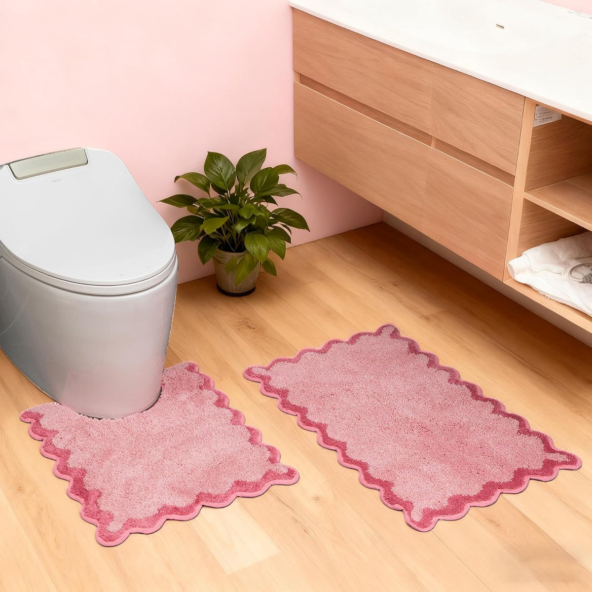Cute Scalloped Bathroom Rugs Set,Candy Pink Plush Microfiber Scallop Bath Mats Non Slip Washable Quick Dry Absorbent Rug Carpet for Sink Laundry Room Bedroom,20" x 30" + U Shape 20" x 24"