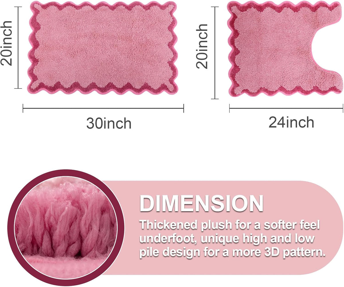 Cute Scalloped Bathroom Rugs Set,Candy Pink Plush Microfiber Scallop Bath Mats Non Slip Washable Quick Dry Absorbent Rug Carpet for Sink Laundry Room Bedroom,20" x 30" + U Shape 20" x 24"