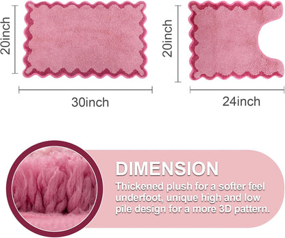 Cute Scalloped Bathroom Rugs Set,Candy Pink Plush Microfiber Scallop Bath Mats Non Slip Washable Quick Dry Absorbent Rug Carpet for Sink Laundry Room Bedroom,20" x 30" + U Shape 20" x 24"
