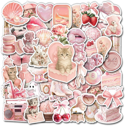 50 Pcs Coquette Stickers Cute Pink Aesthetic Sticker Waterproof Pastel Cute Bow Decals Water Bottle Laptop Journal Planner Scrapbook Phone Guitar Luggage Cup Gifts for Women Teens Girls