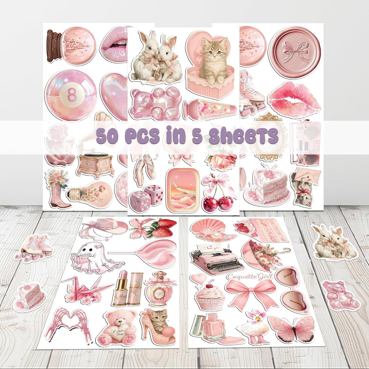 50 Pcs Coquette Stickers Cute Pink Aesthetic Sticker Waterproof Pastel Cute Bow Decals Water Bottle Laptop Journal Planner Scrapbook Phone Guitar Luggage Cup Gifts for Women Teens Girls