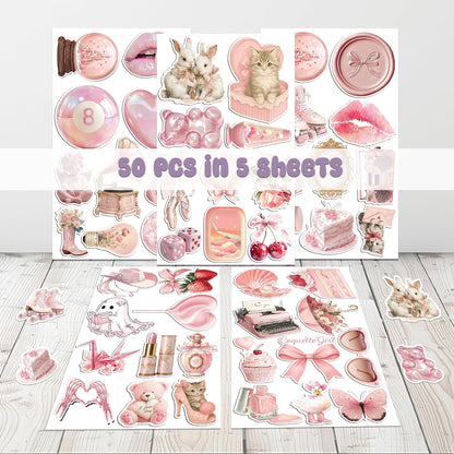 50 Pcs Coquette Stickers Cute Pink Aesthetic Sticker Waterproof Pastel Cute Bow Decals Water Bottle Laptop Journal Planner Scrapbook Phone Guitar Luggage Cup Gifts for Women Teens Girls