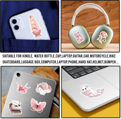 50 Pcs Coquette Stickers Cute Pink Aesthetic Sticker Waterproof Pastel Cute Bow Decals Water Bottle Laptop Journal Planner Scrapbook Phone Guitar Luggage Cup Gifts for Women Teens Girls