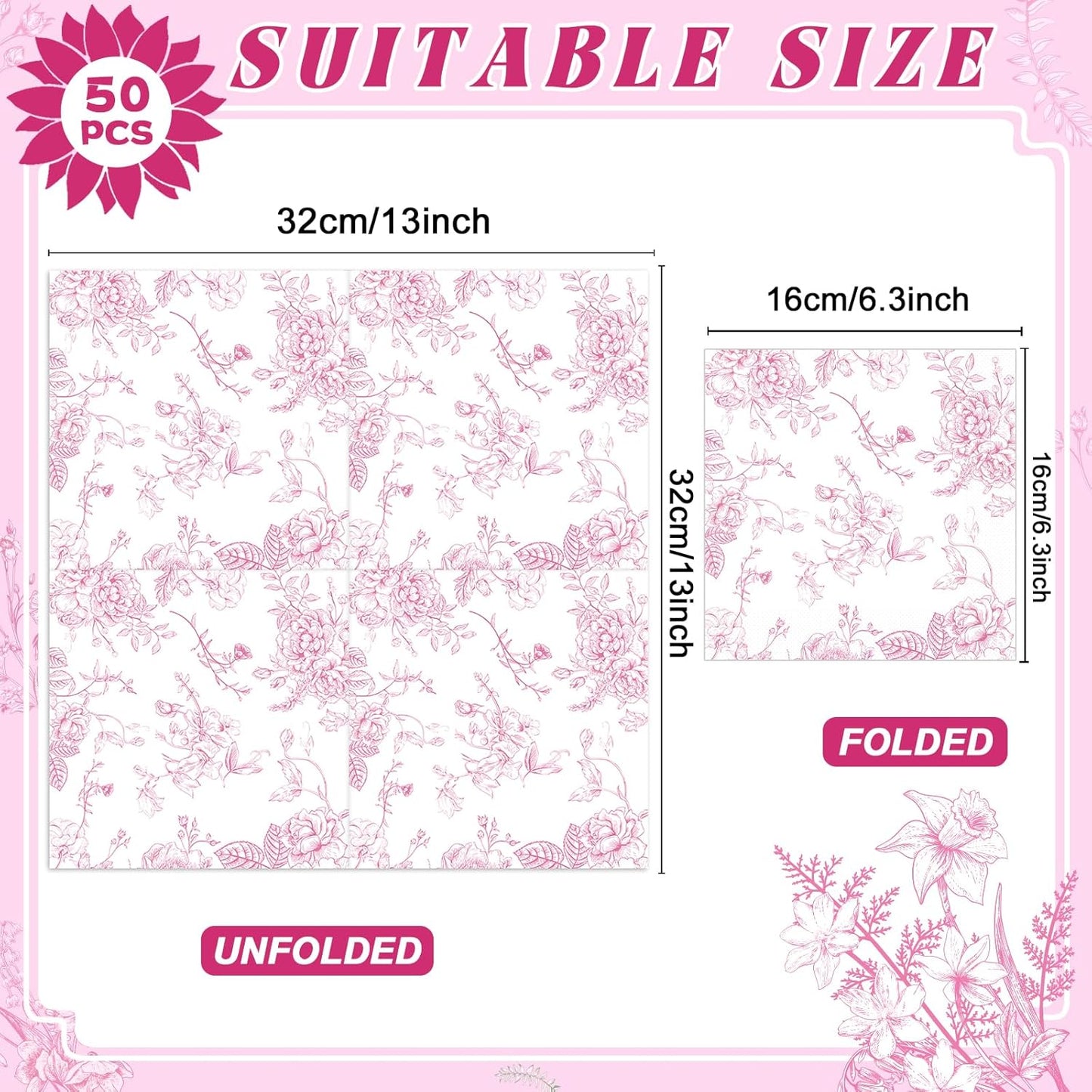 100Pcs Spring Pink Floral Paper Napkins Pink and White Flower Napkins Party Supplies Floral Dessert Hand Towel tissue Decorative Toile for Wedding Birthday Baby Shower Garden Tea Party Favor