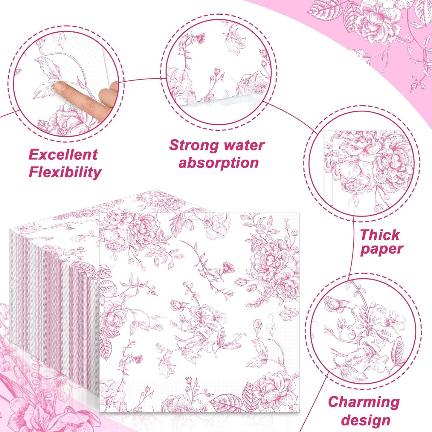 100Pcs Spring Pink Floral Paper Napkins Pink and White Flower Napkins Party Supplies Floral Dessert Hand Towel tissue Decorative Toile for Wedding Birthday Baby Shower Garden Tea Party Favor