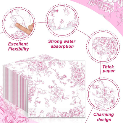 100Pcs Spring Pink Floral Paper Napkins Pink and White Flower Napkins Party Supplies Floral Dessert Hand Towel tissue Decorative Toile for Wedding Birthday Baby Shower Garden Tea Party Favor