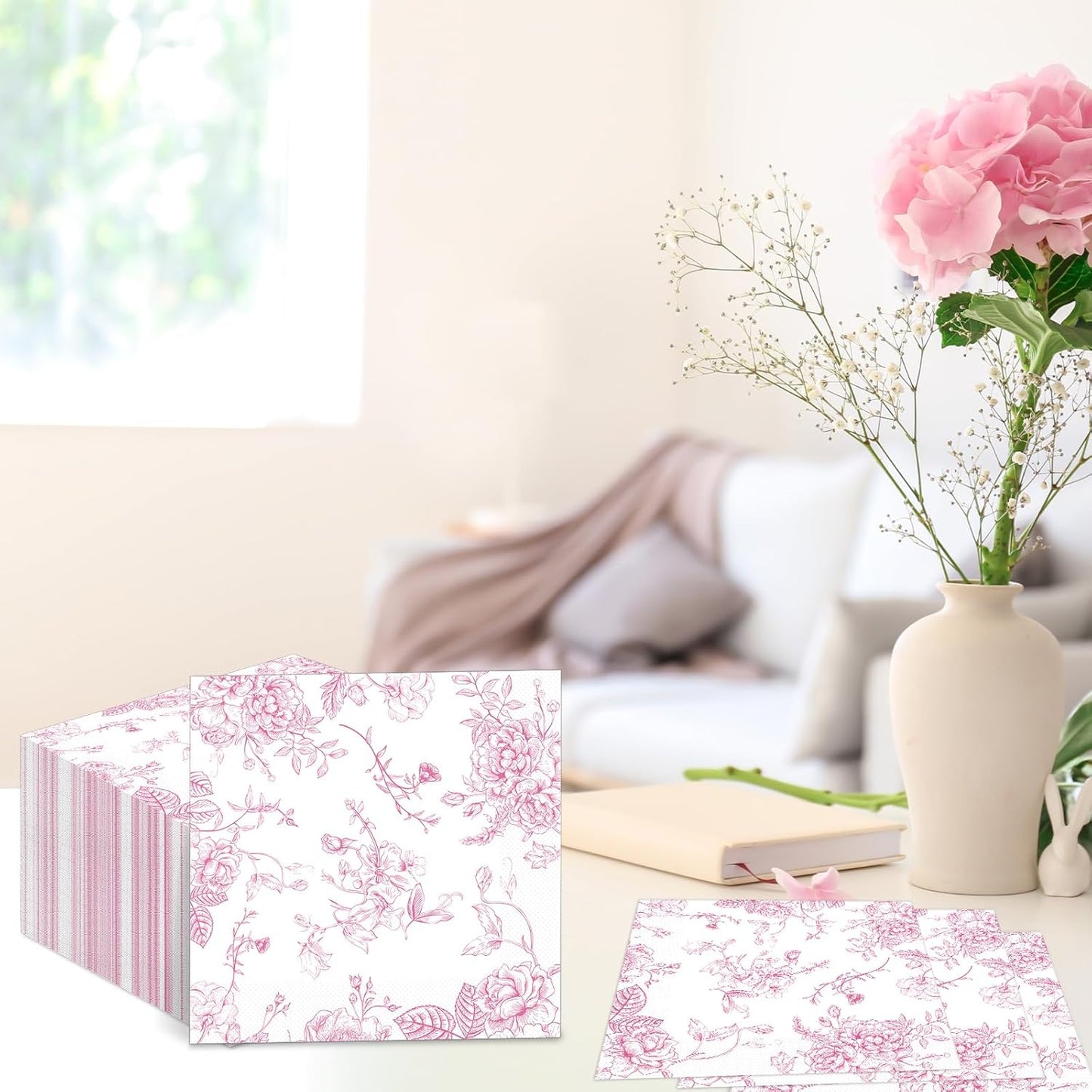 100Pcs Spring Pink Floral Paper Napkins Pink and White Flower Napkins Party Supplies Floral Dessert Hand Towel tissue Decorative Toile for Wedding Birthday Baby Shower Garden Tea Party Favor