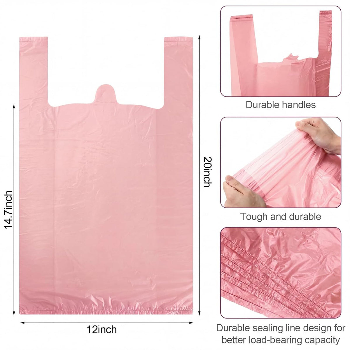 200 Pcs T Shirt Bags Bulk Plastic Shopping Grocery Retail Bags with Handles 12 x 20 Inch for Small Business, Supermarket, Restaurant (Peach Pink)