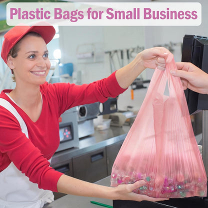 200 Pcs T Shirt Bags Bulk Plastic Shopping Grocery Retail Bags with Handles 12 x 20 Inch for Small Business, Supermarket, Restaurant (Peach Pink)
