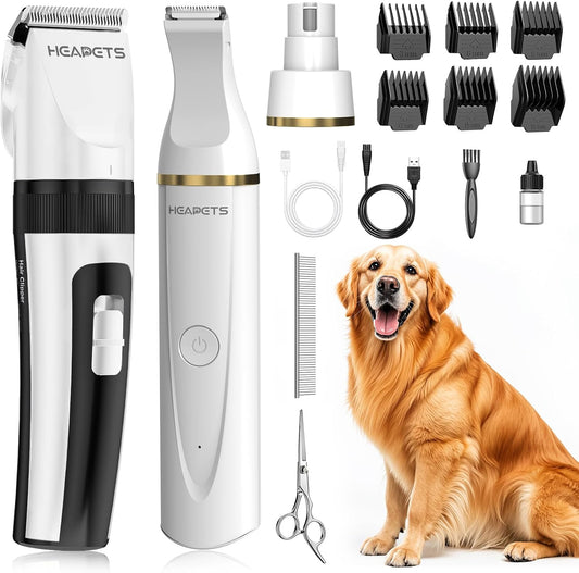 HEAPETS Dog Hair Clippers for Grooming Kit and Dog Paw Trimmer Nail Grinder for Grooming, Low Noise Rechargeable Cordless, Shaver Grooming Supplies for Pet Cats Dogs (White, White)
