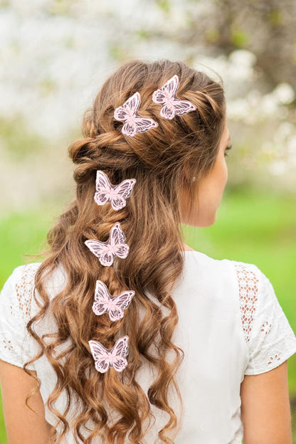 Butterfly Hair Clips 6Pcs Lace Embroidery Flower Butterfly Hair Bow Pins Wedding Hair Accessories for Women GHalloween Party Decor (Pink)