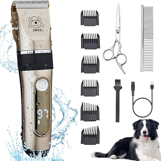 IWEEL Dog Clippers, 2-Speed Professional Rechargeable Cordless Cat Shaver and Low Noise Water Proof Electric Dog Trimmer Pet Grooming Kit Animal Hair Clippers Tool with Scissors Combs