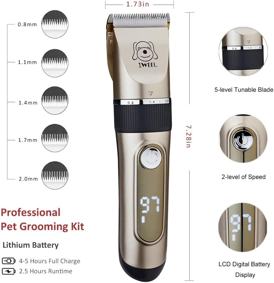 IWEEL Dog Clippers, 2-Speed Professional Rechargeable Cordless Cat Shaver and Low Noise Water Proof Electric Dog Trimmer Pet Grooming Kit Animal Hair Clippers Tool with Scissors Combs