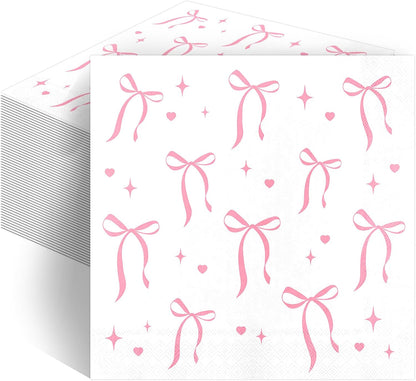 Pink Bow Napkins Disposable Coquette Cocktail Napkins, 100 Pcs