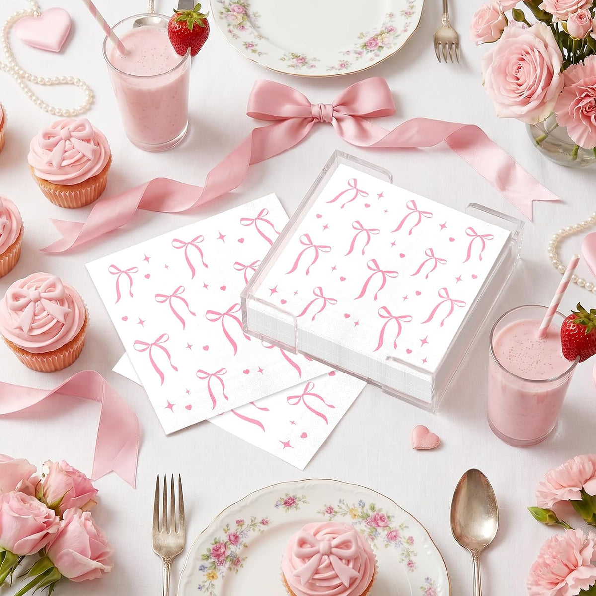 Pink Bow Napkins Disposable Coquette Cocktail Napkins, 100 Pcs
