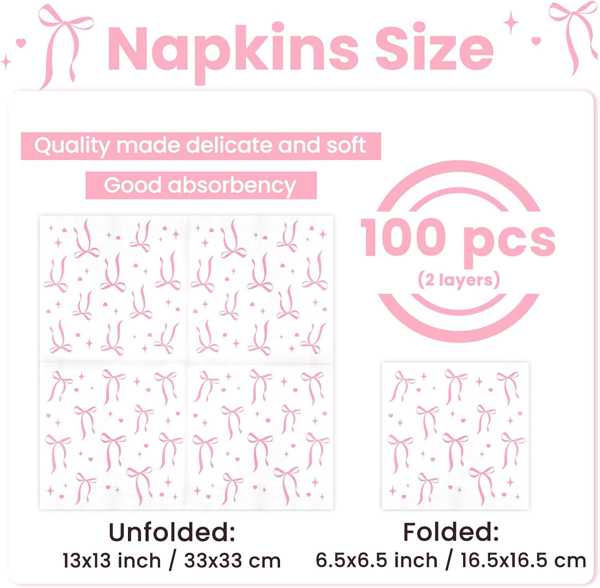 Pink Bow Napkins Disposable Coquette Cocktail Napkins, 100 Pcs