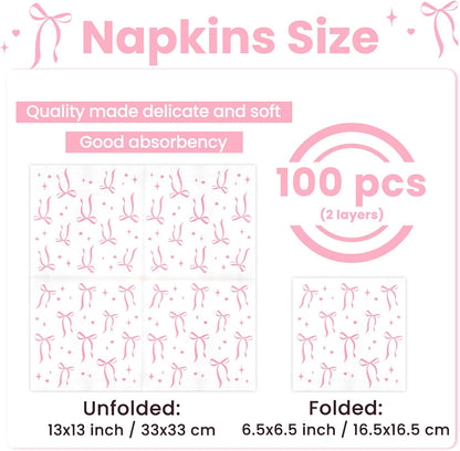 Pink Bow Napkins Disposable Coquette Cocktail Napkins, 100 Pcs
