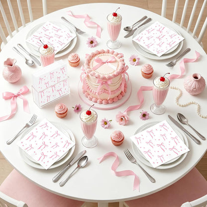 Pink Bow Napkins Disposable Coquette Cocktail Napkins, 100 Pcs