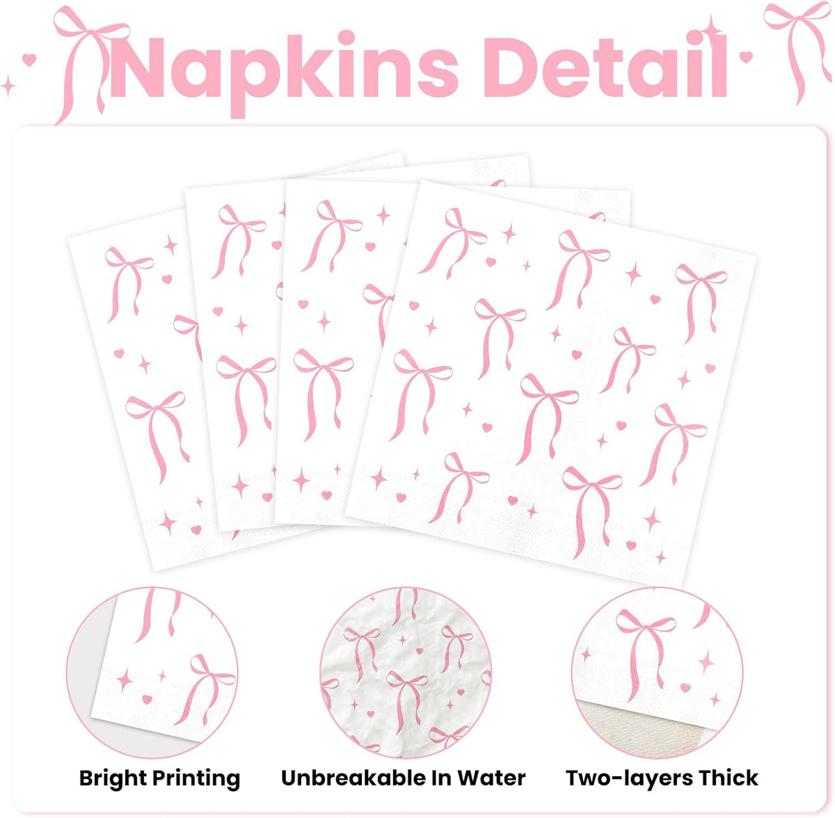 Pink Bow Napkins Disposable Coquette Cocktail Napkins, 100 Pcs