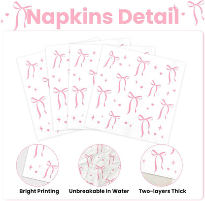Pink Bow Napkins Disposable Coquette Cocktail Napkins, 100 Pcs
